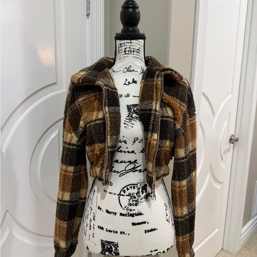 Fuzzy Cropped Brown and Tan Plaid Teddy Jacket
